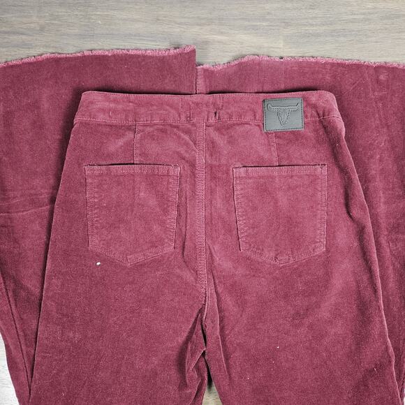 Lucky & Blessed Burgundy Corduroy High Rise Extreme Flare Raw Hem Pants Women’s - Picture 4 of 10